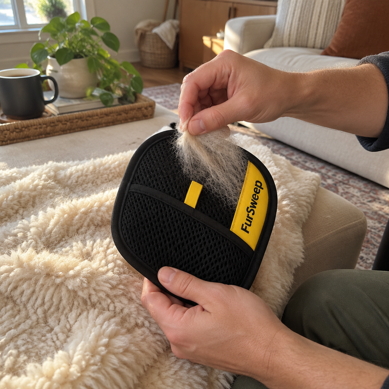 FurSweep removing pet hair from a blanket