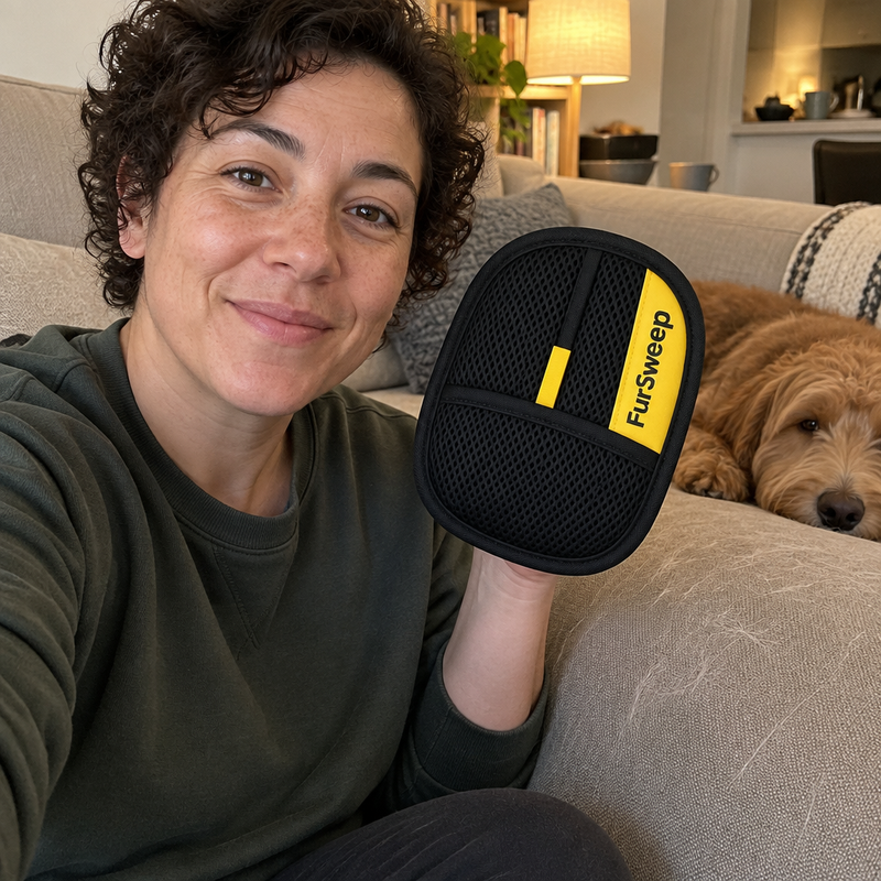 Pet owner with FurSweep mitt on sofa
