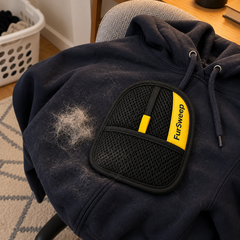FurSweep mitt on a pet hair covered hoodie