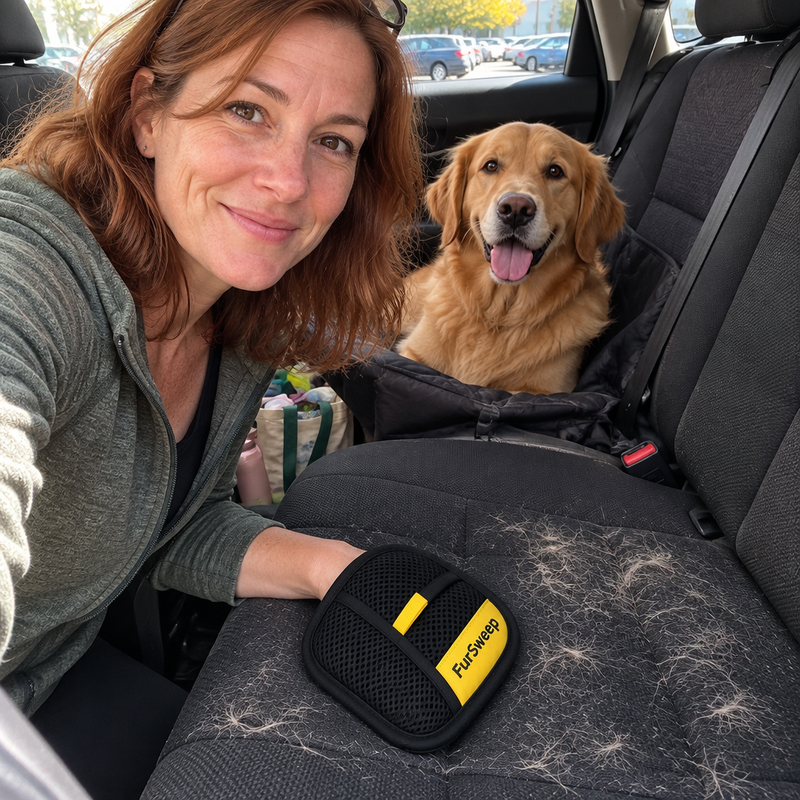 Pet owner using FurSweep in a car